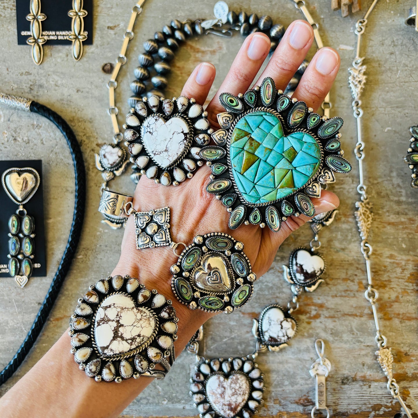 Navajo Hemerson Brown Sterling Silver & Wild Horse Jasper Cluster Heart Earrings