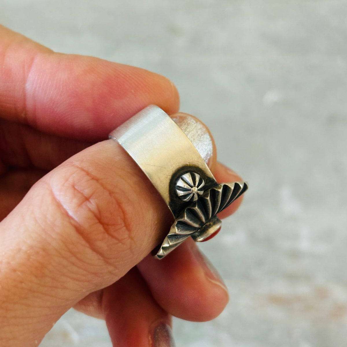 Navajo Herman Smith Sterling Silver & Red Coral Tufa Cast Ring