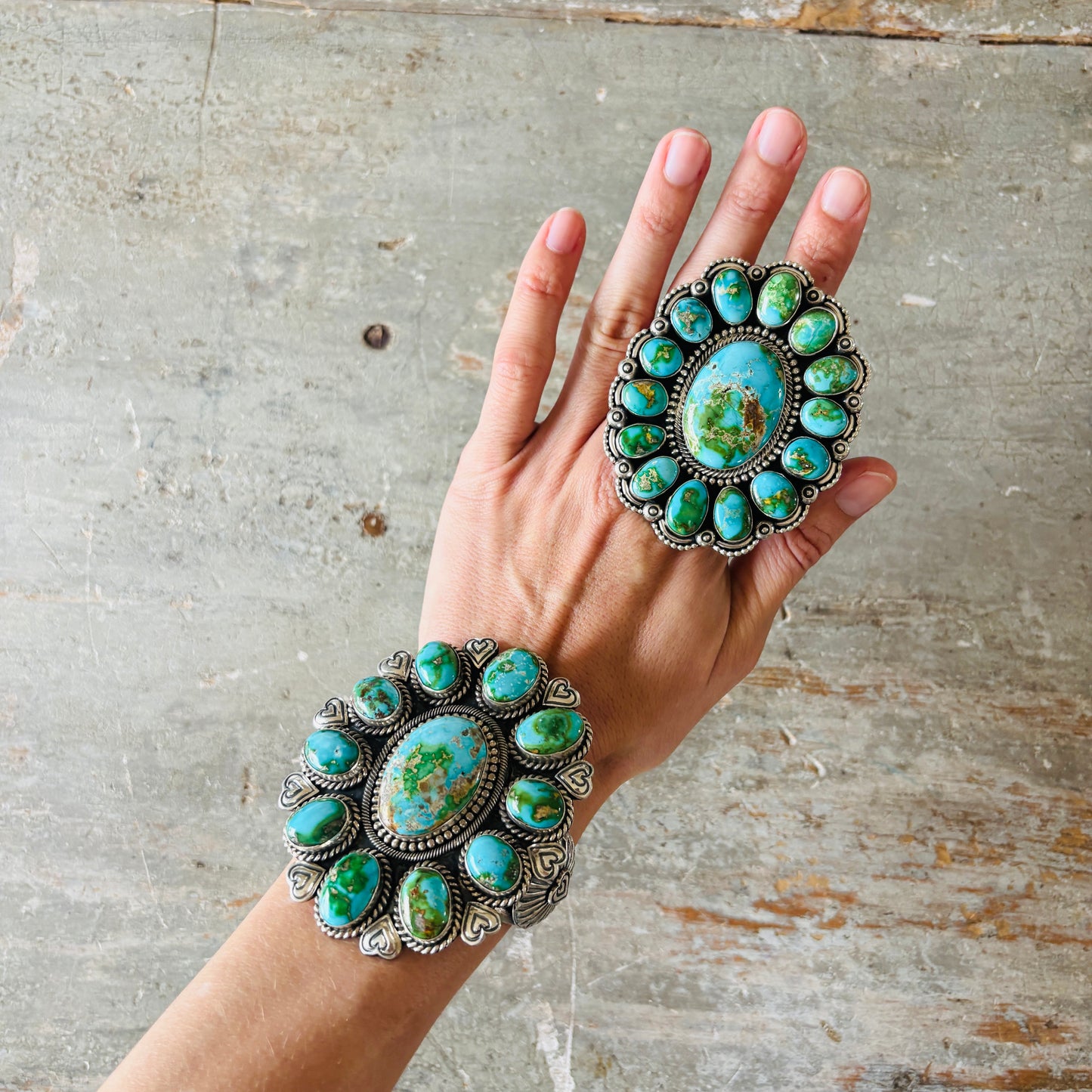 Navajo Hemerson Brown Sterling Silver & Sonoran Turquoise Hearts Cluster Cuff