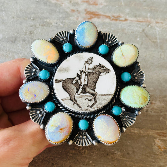 Navajo Kindale Billah Sterling Silver - Ceramic - Lab Opal & Kingman Turquoise Western Statement Ring