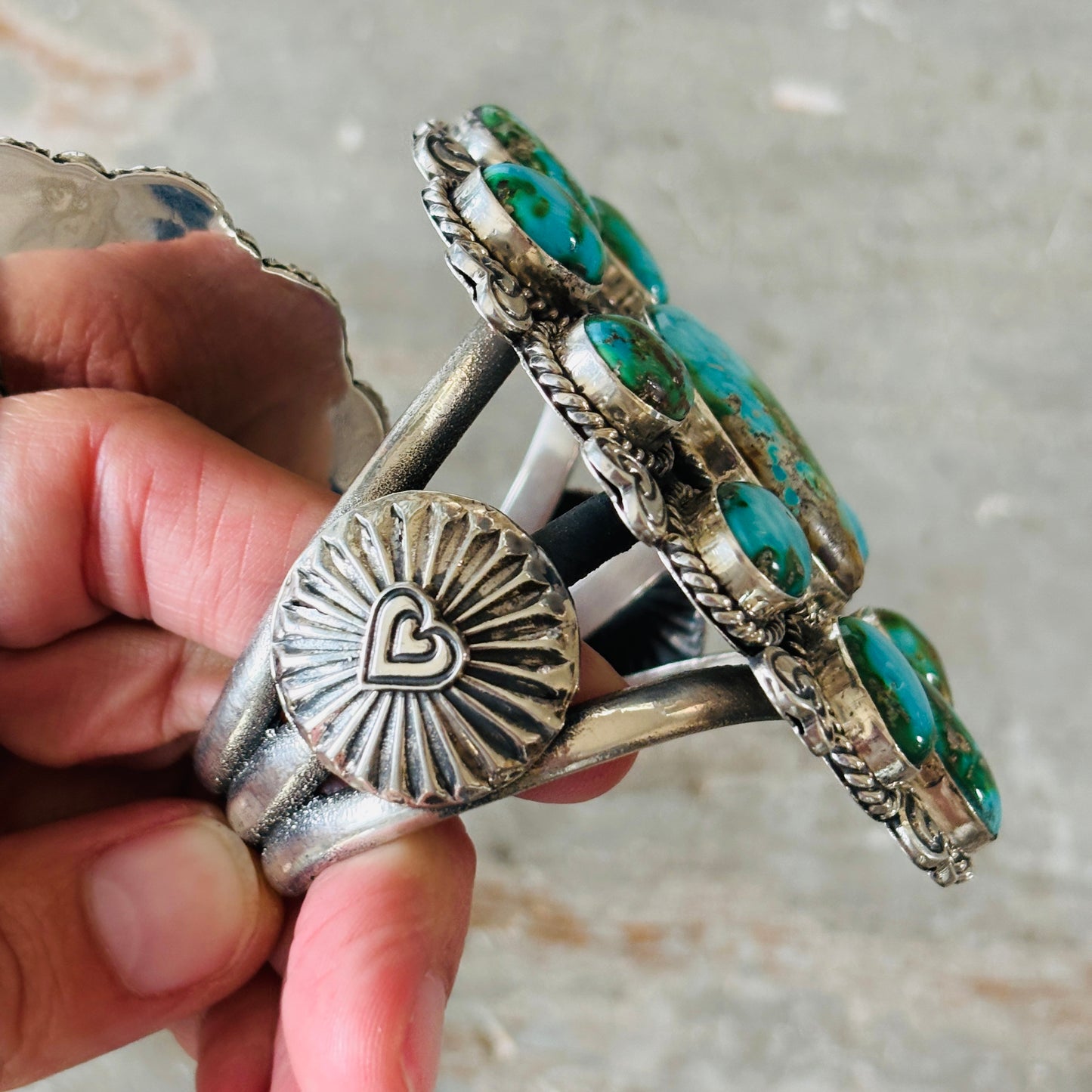 Navajo Hemerson Brown Sterling Silver & Sonoran Turquoise Hearts Cluster Cuff