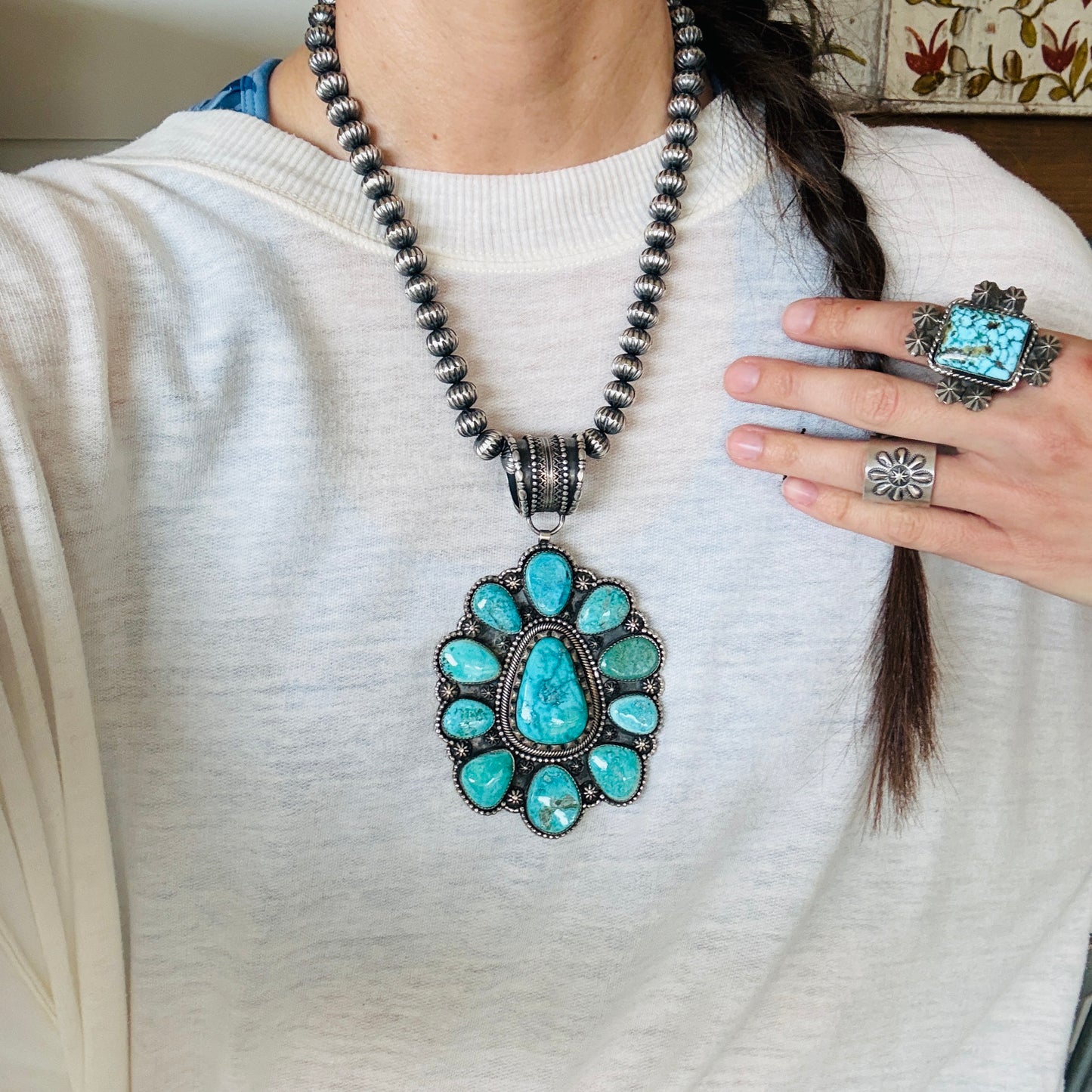 Navajo Braxton Parkett Sterling Silver & Sierra Nevada Turquoise Cluster Statement Pendant