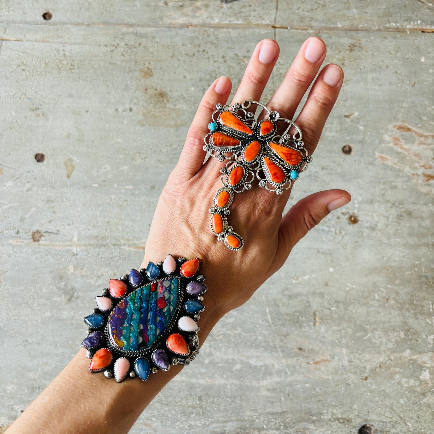 Navajo Hemerson Brown Sterling Silver - Orange Spiny & Sleeping Beauty Turquoise Dragonfly Ring