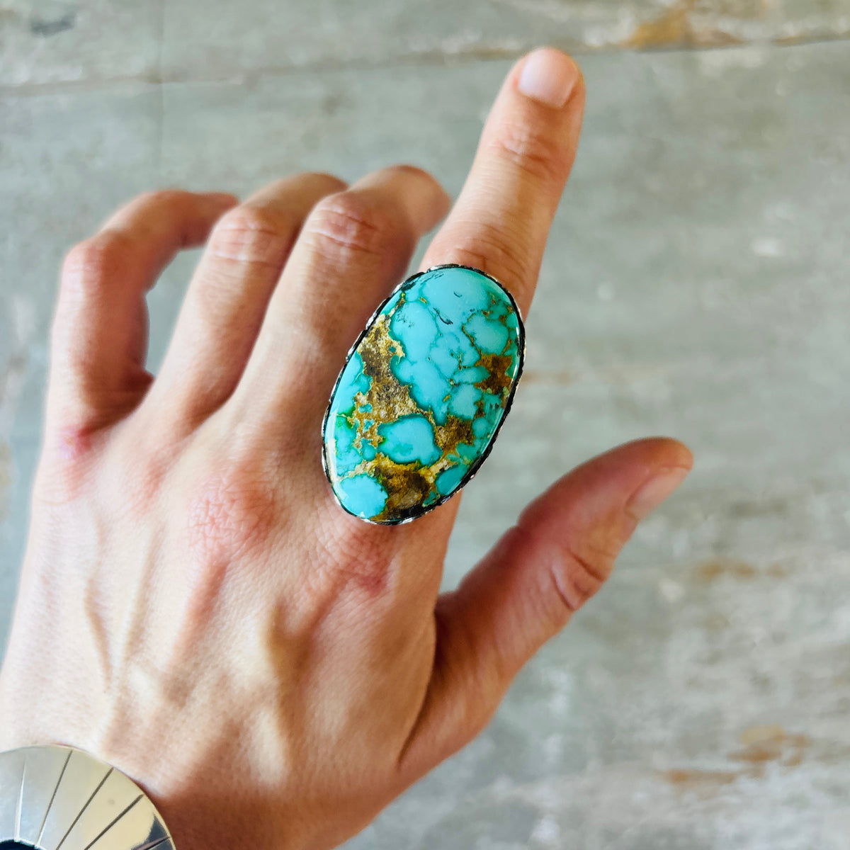 Navajo Ella Linkin Sterling Silver & Emerald Valley Turquoise Statement Ring