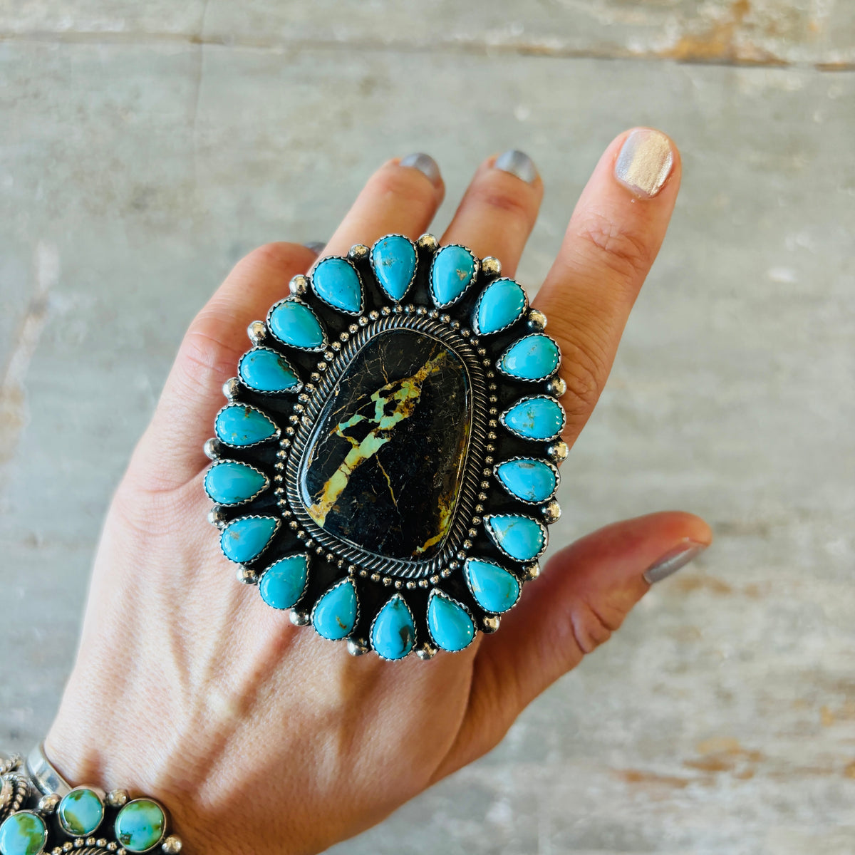Navajo Hemerson Brown Sterling Silver & Blackjack - Kingman Turquoise Cluster Ring
