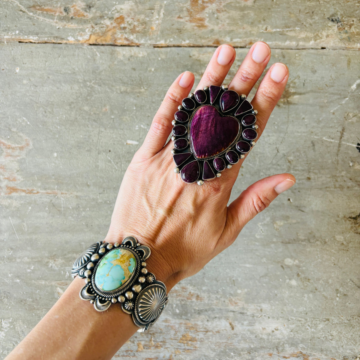 Navajo Tyler Brown Sterling Silver & Purple Spiny Oyster Heart Cluster Ring
