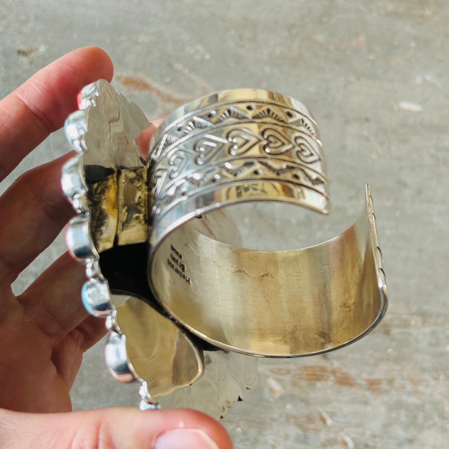 Navajo Hemerson Brown Sterling Silver - Orange - Purple Spiny & Kingman Turquoise Heart Cobblestone Cuff