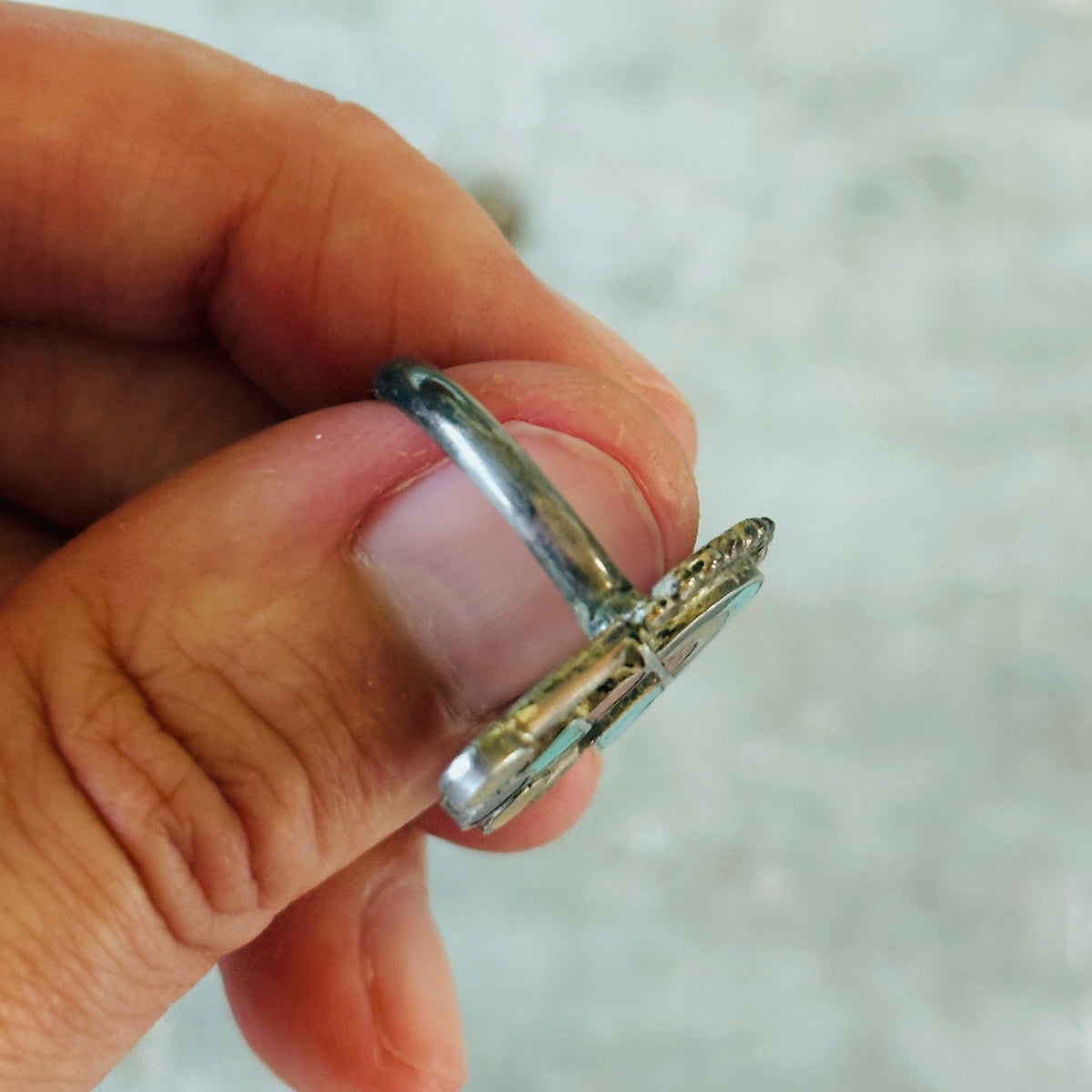 Vintage Zuni Sterling Silver Multi Stone Inlay Rainbow Man Ring