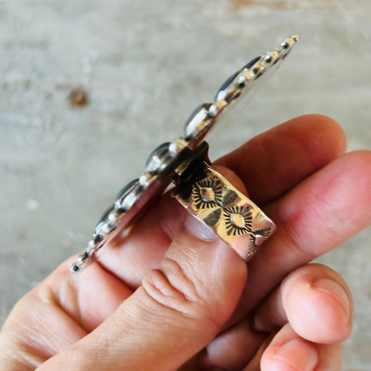 Navajo Hemerson Brown Sterling Silver & Abalone Shell 1942 Walking Liberty Half Dollar Statement Ring