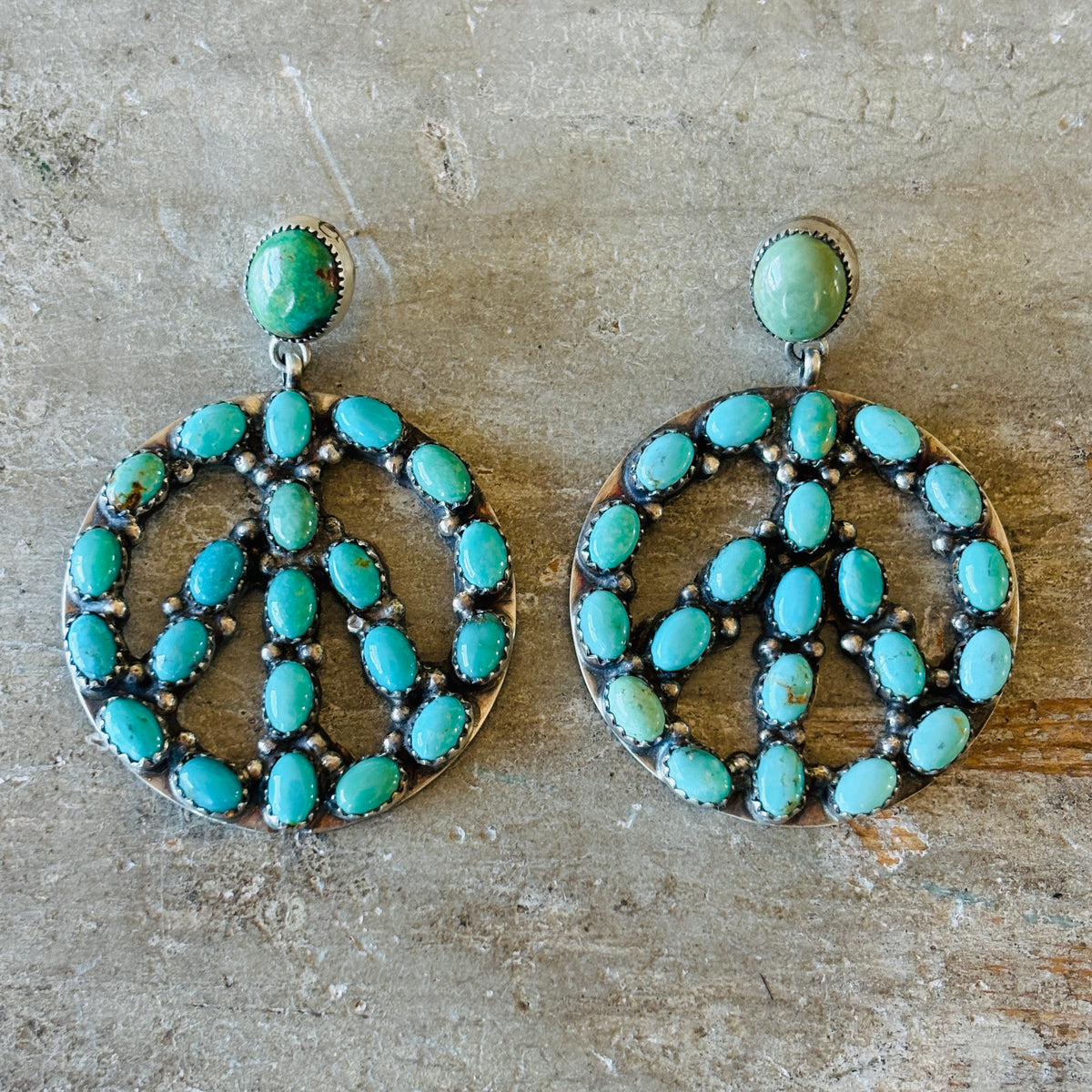 Navajo Nora Whitegoat Sterling Silver & Kingman Turquoise Peace Sign Earrings
