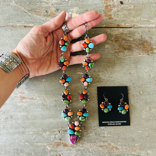 Navajo Paul Livingston Sterling Silver Multi Stone Cluster Necklace Set