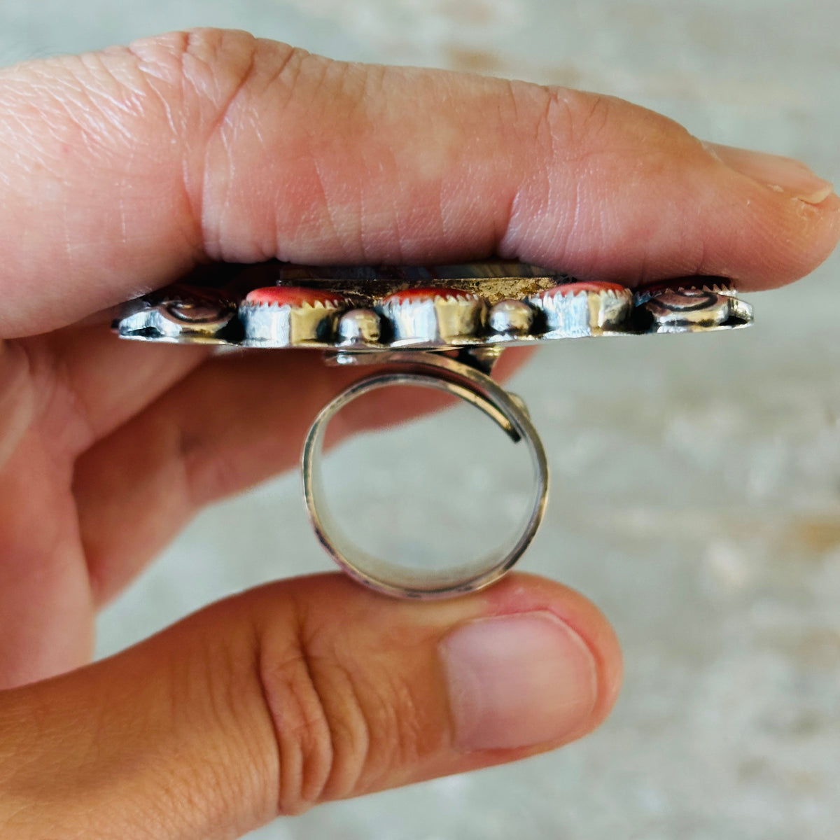 Navajo Hemerson Brown Sterling Silver - Red Spiny Oyster & Rainbow Dyed Crazy Lace Agate Hearts Ring