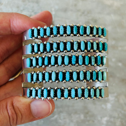 Zuni Veronica Martza Sterling Silver & Kingman Turquoise Five Row Statement Cuff