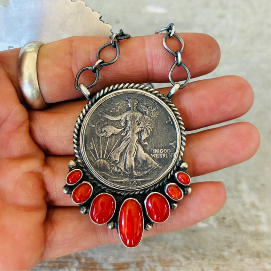 Navajo Darrin Livingston Sterling Silver & Red Coral Coin Necklace
