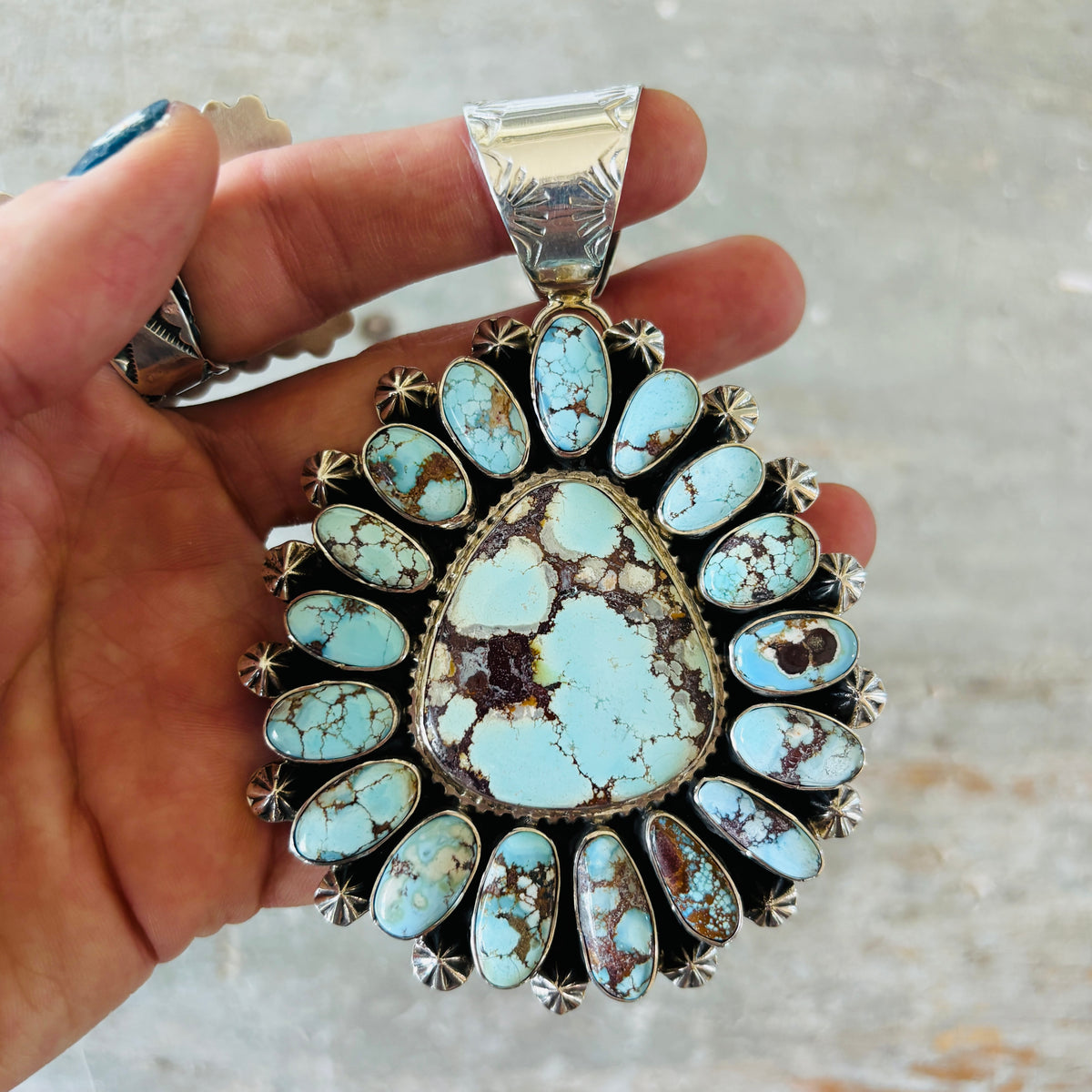 Navajo Tonya June Rafael Sterling Silver & Golden Hills Turquoise Cluster Pendant