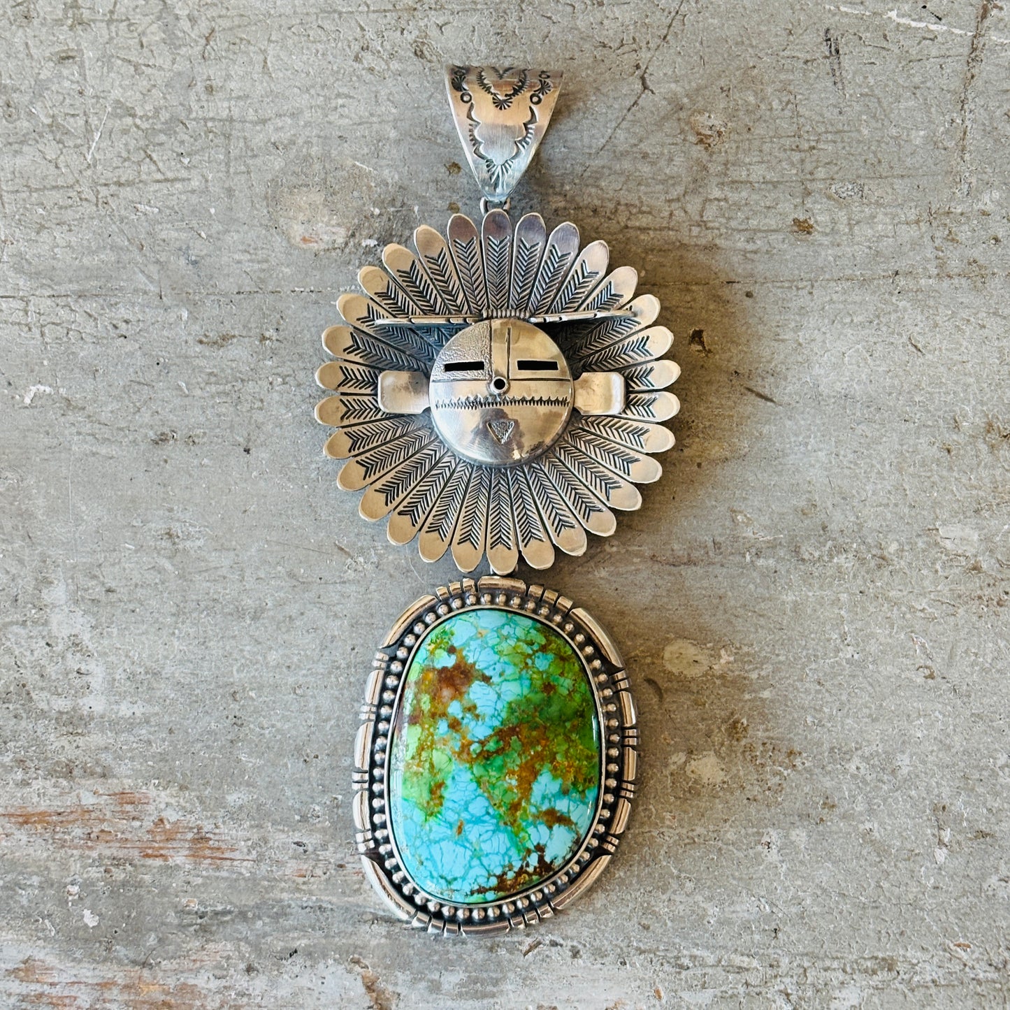 Navajo Fred Charley Sterling Silver & Sonoran Sun Face Statement Pendant