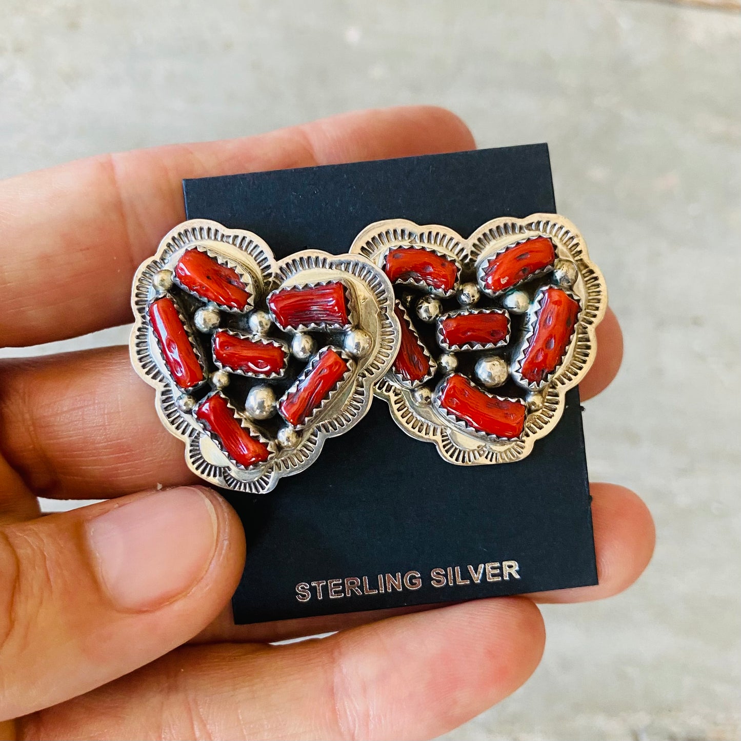 Navajo Melvin - Tiffany Jones Sterling Silver & Red Coral Heart Earrings