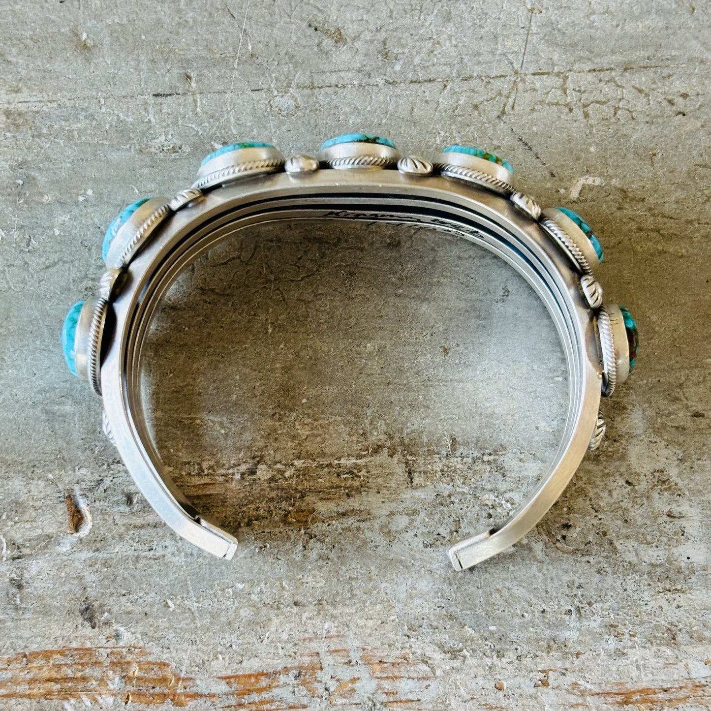 Navajo Freddie Maloney Sterling Silver & Spiderweb Kingman Turquoise 7 Stone Statement Cuff