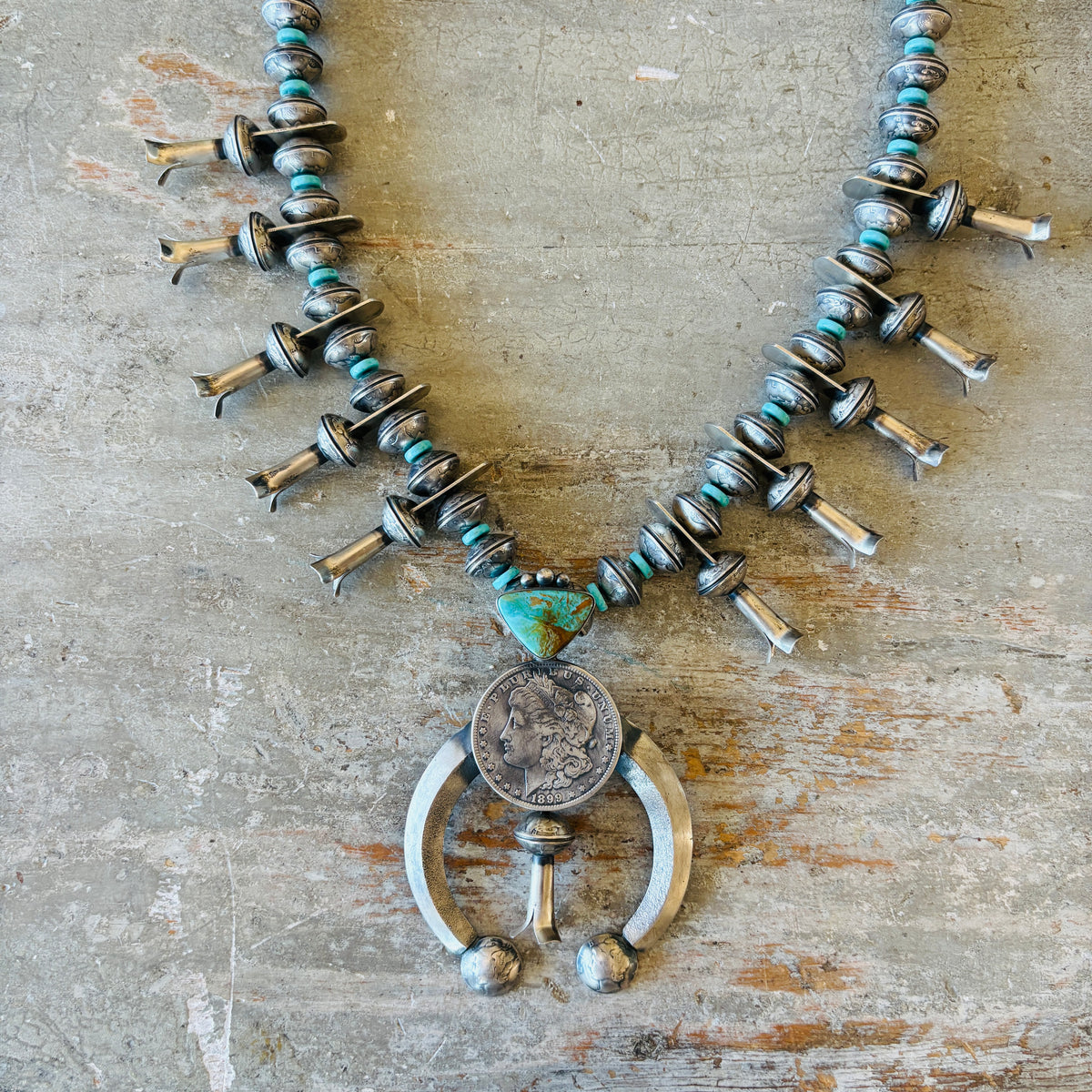 Navajo James McCabe Sterling Silver & Kingman Turquoise Liberty Dime Beads Squash Blossom Necklace