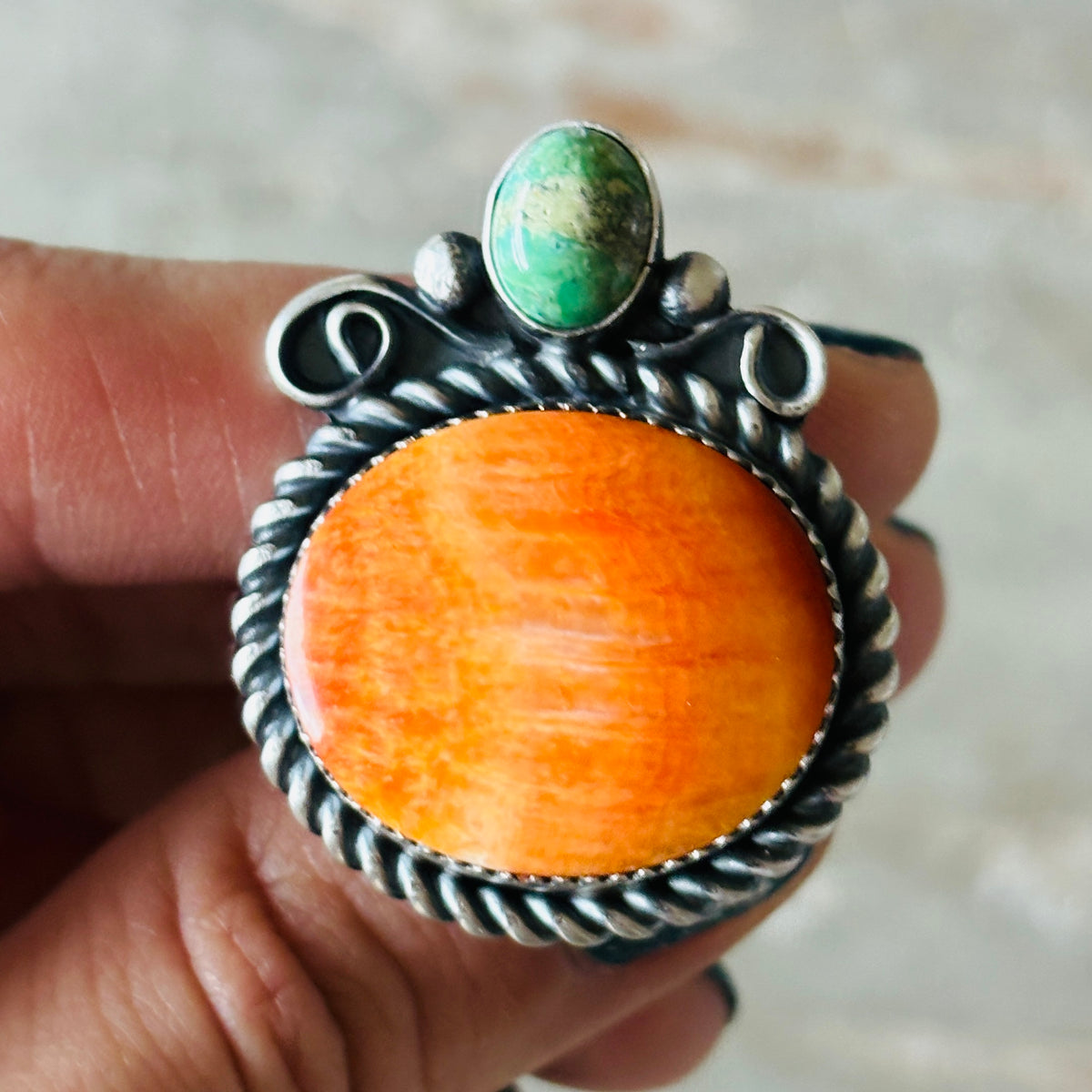 Navajo Kindale Billah Sterling Silver - Orange Spiny & Candelaria Turquoise Pumpkin Ring