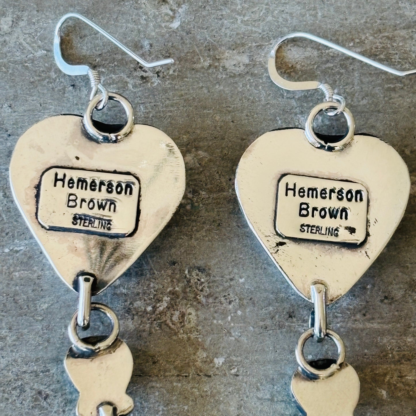 Navajo Hemerson Brown Sterling Silver & Kingman Turquoise Hearts Earrings