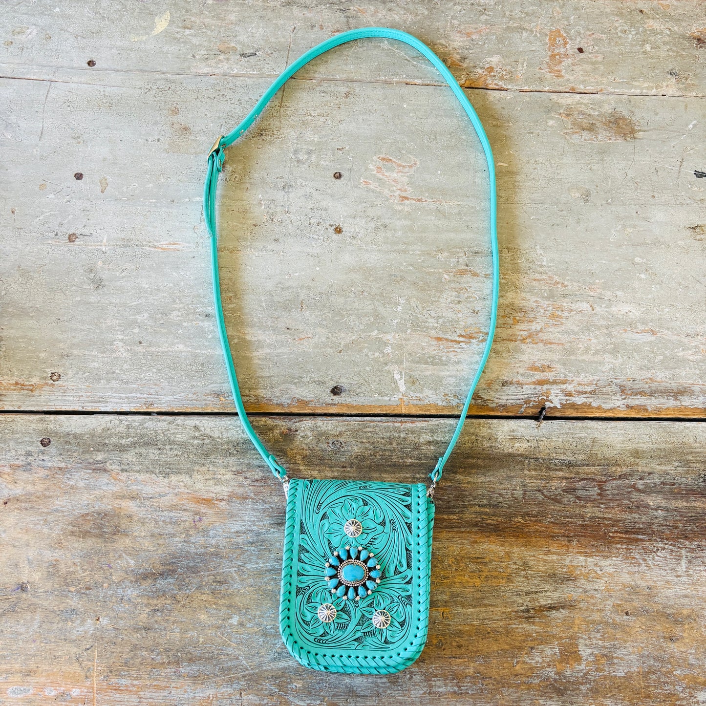 Navajo Hemerson Brown Sterling Silver & Kingman Turquoise Embellished Leather Blue Crossbody Bag