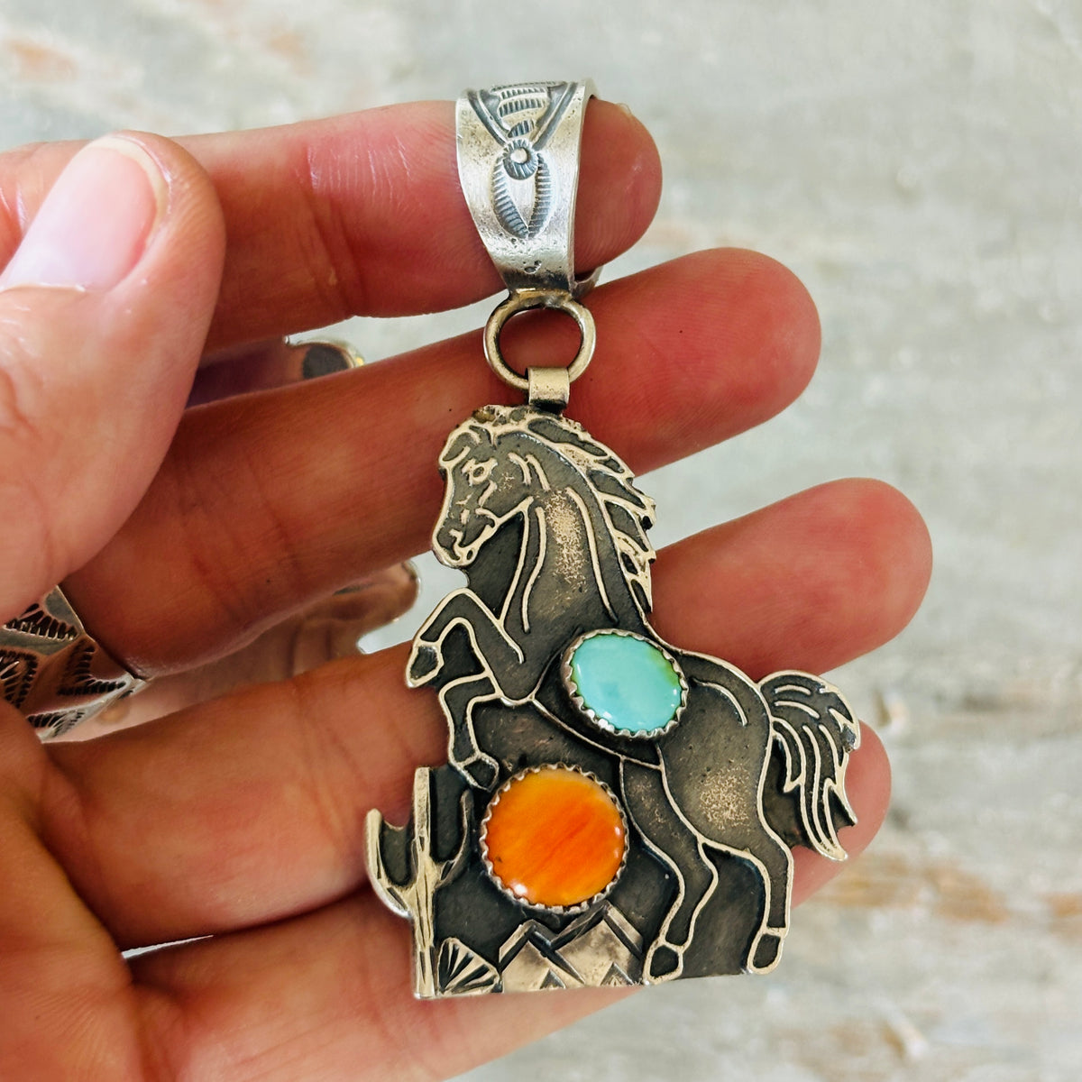 Navajo Kindale Billah Sterling Silver - Orange Spiny & Kingman Turquoise Horse Pendant