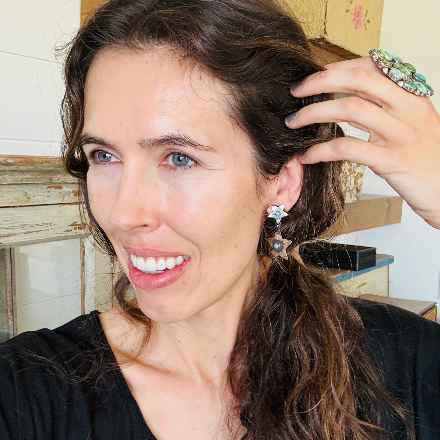 Navajo Pauline Nelson Sterling Silver & Kingman Turquoise Star Earrings
