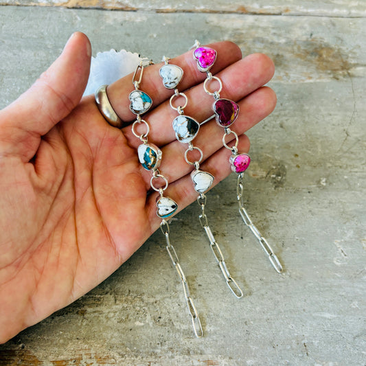 Navajo Mildred Parkhurst Sterling Silver & Mojave Paper Clip Chain Heart Bracelets