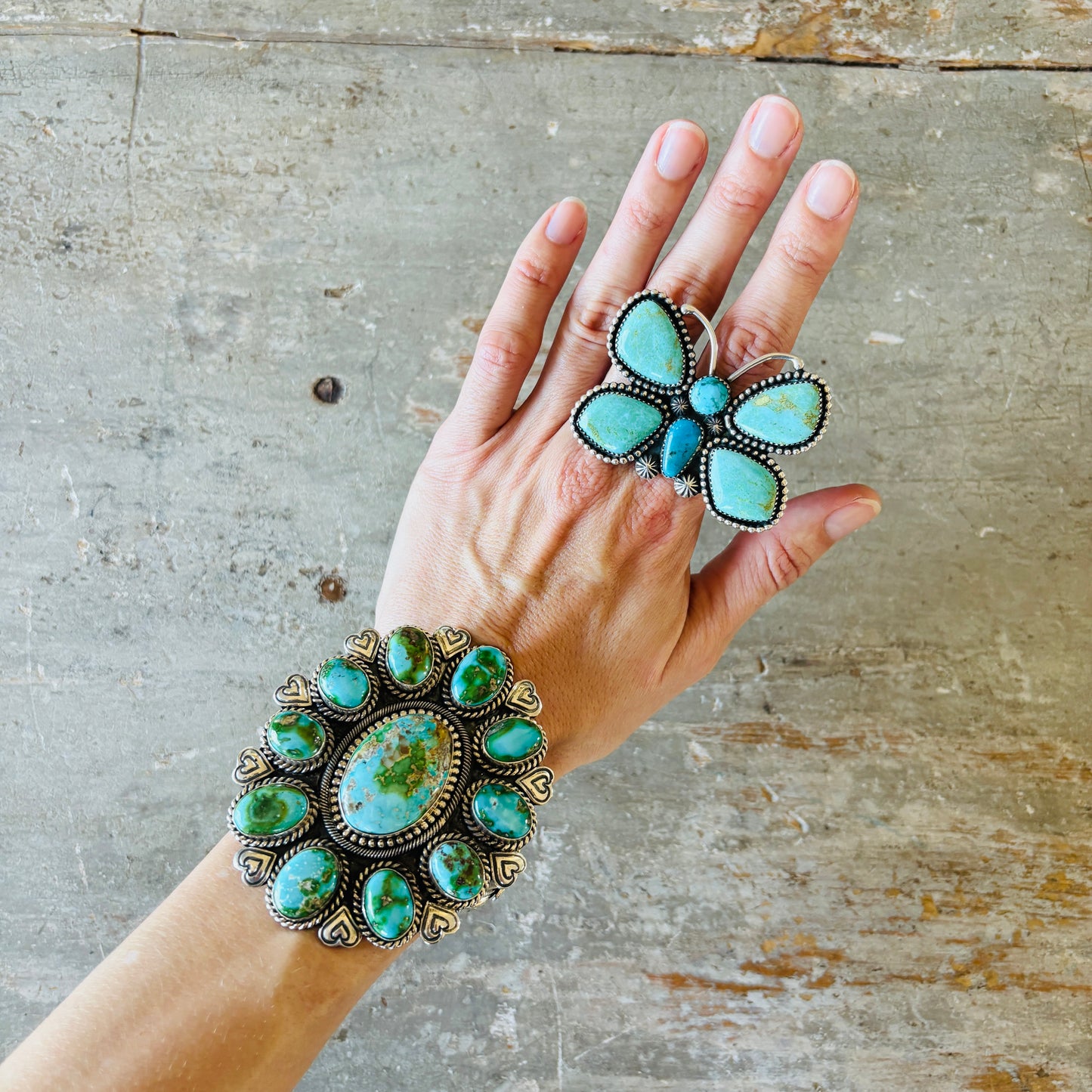 Navajo D. Howard Sterling Silver & Mixed Turquoise Butterfly Statement Ring
