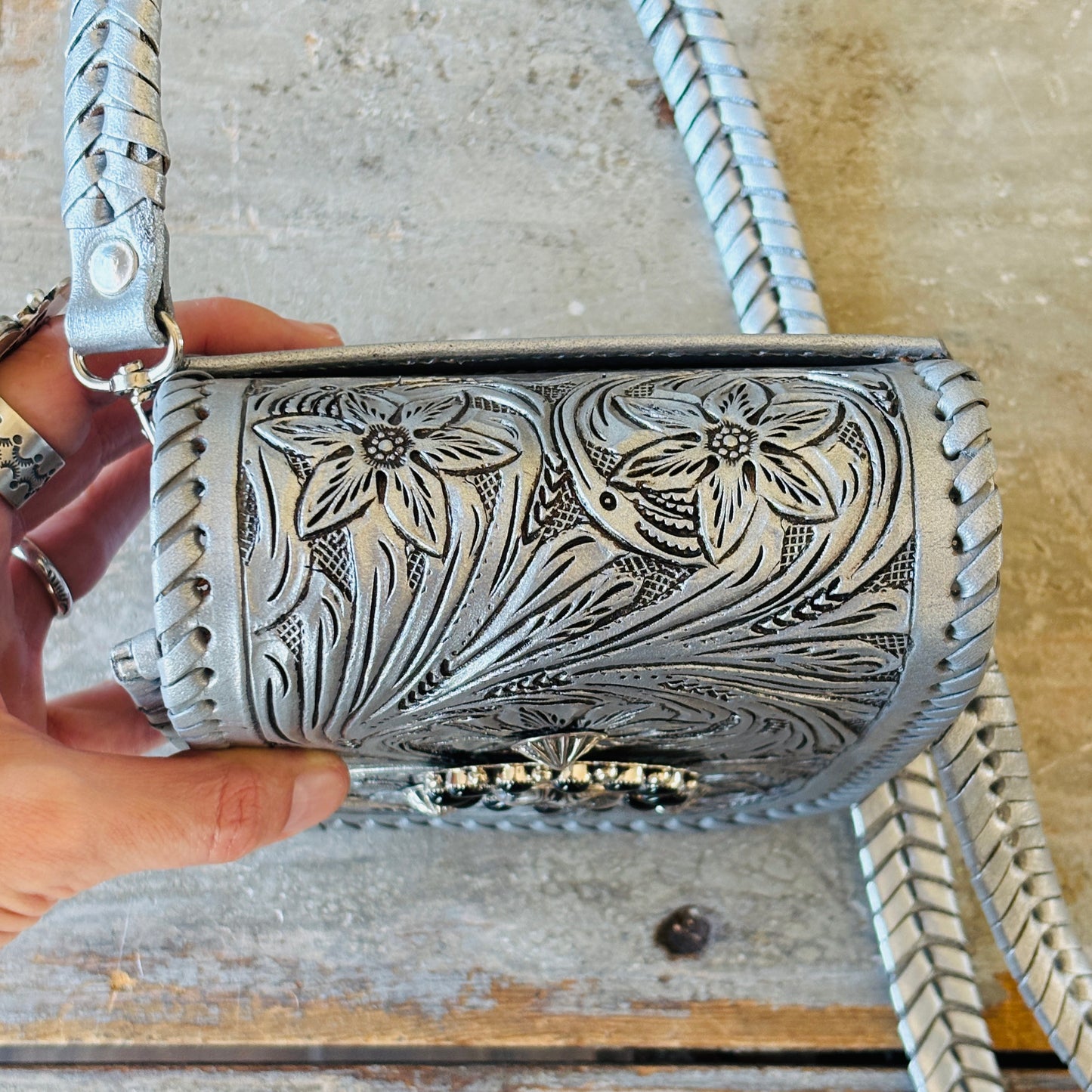 Navajo Hemerson Brown Sterling Silver - Black Onyx & Druzy Embellished Silver Leather Crossbody Bag