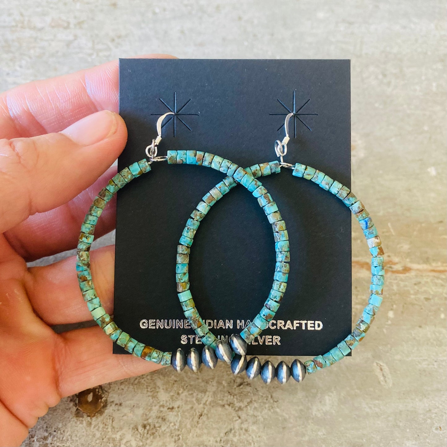 Native Strung Turquoise Heishi Beads & Sterling Silver Machine Made Pearls Earrings