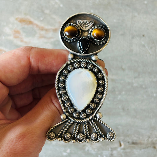 Navajo Readda Begay Sterling Silver - Black Onyx - Cats Eye & Mother of Pearl Owl Ring