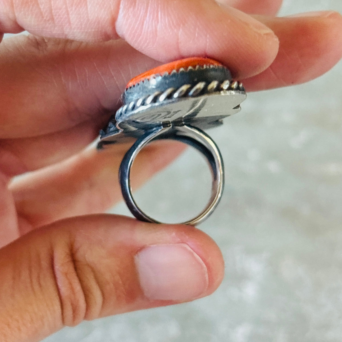 Navajo Marcus Chavez Sterling Silver & Orange Spiny Bee Ring
