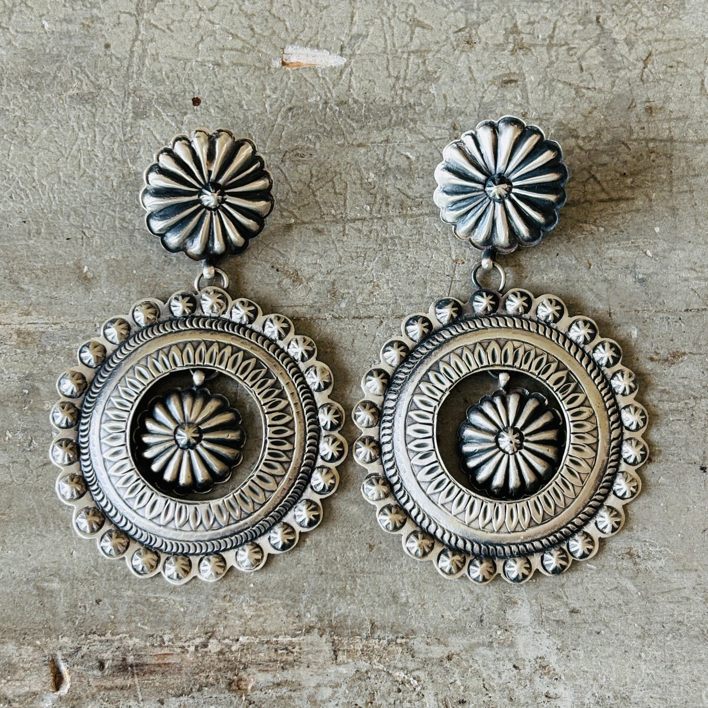 Navajo Eugene Charley Sterling Silver Concho Statement Earrings
