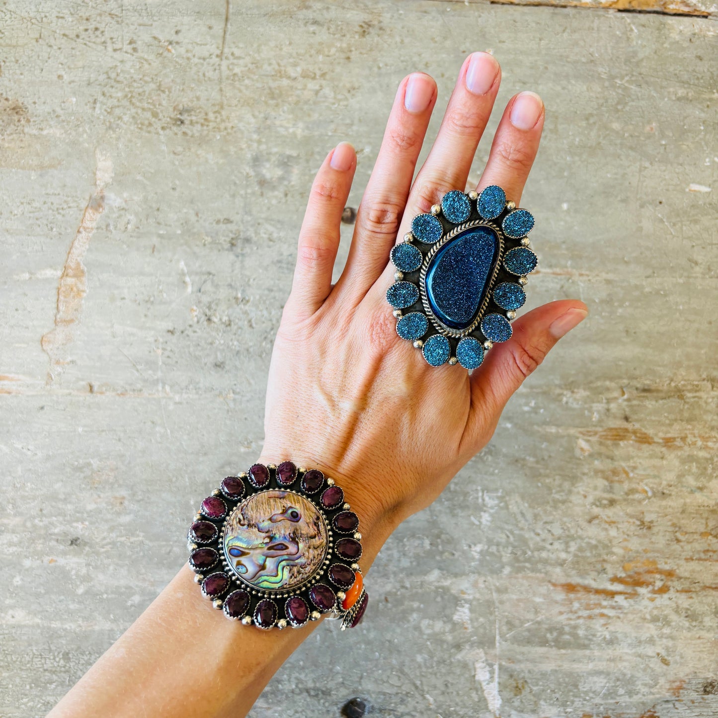 Navajo Hemerson Brown Sterling Silver & Dark Blue Druzy Cluster Ring