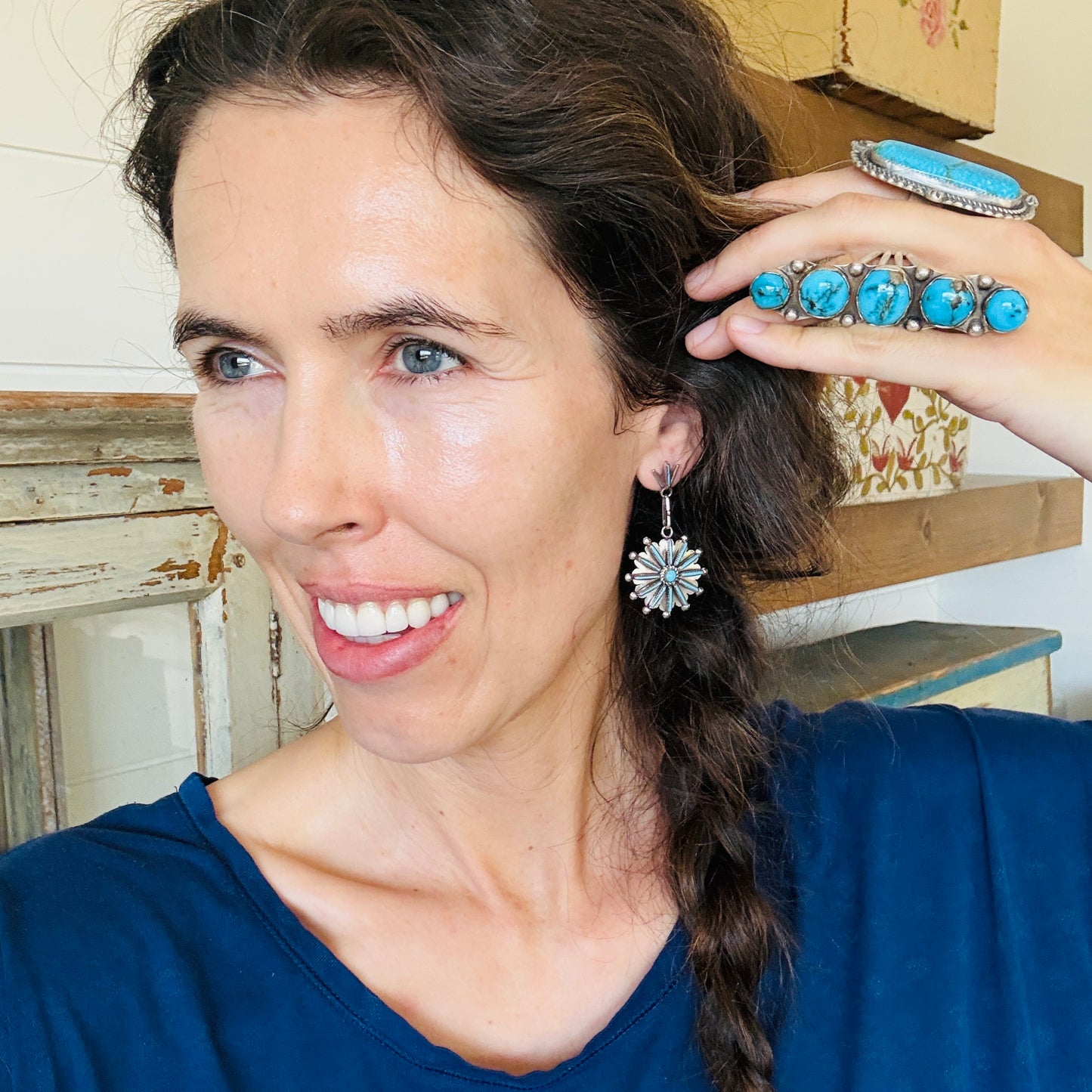 Zuni Samantha Waatsa Sterling Silver & Sleeping Beauty Turquoise Needle Point Earrings