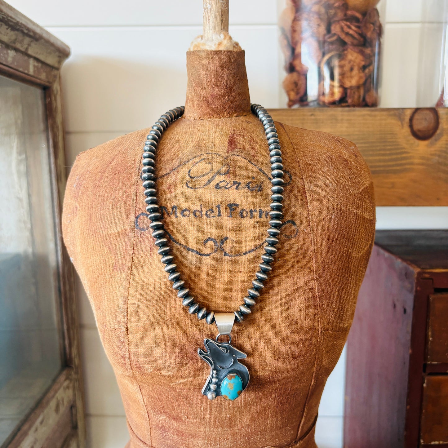 Navajo Miranda Willie Sterling Silver & Kingman Turquoise Howling Wolf Pendant