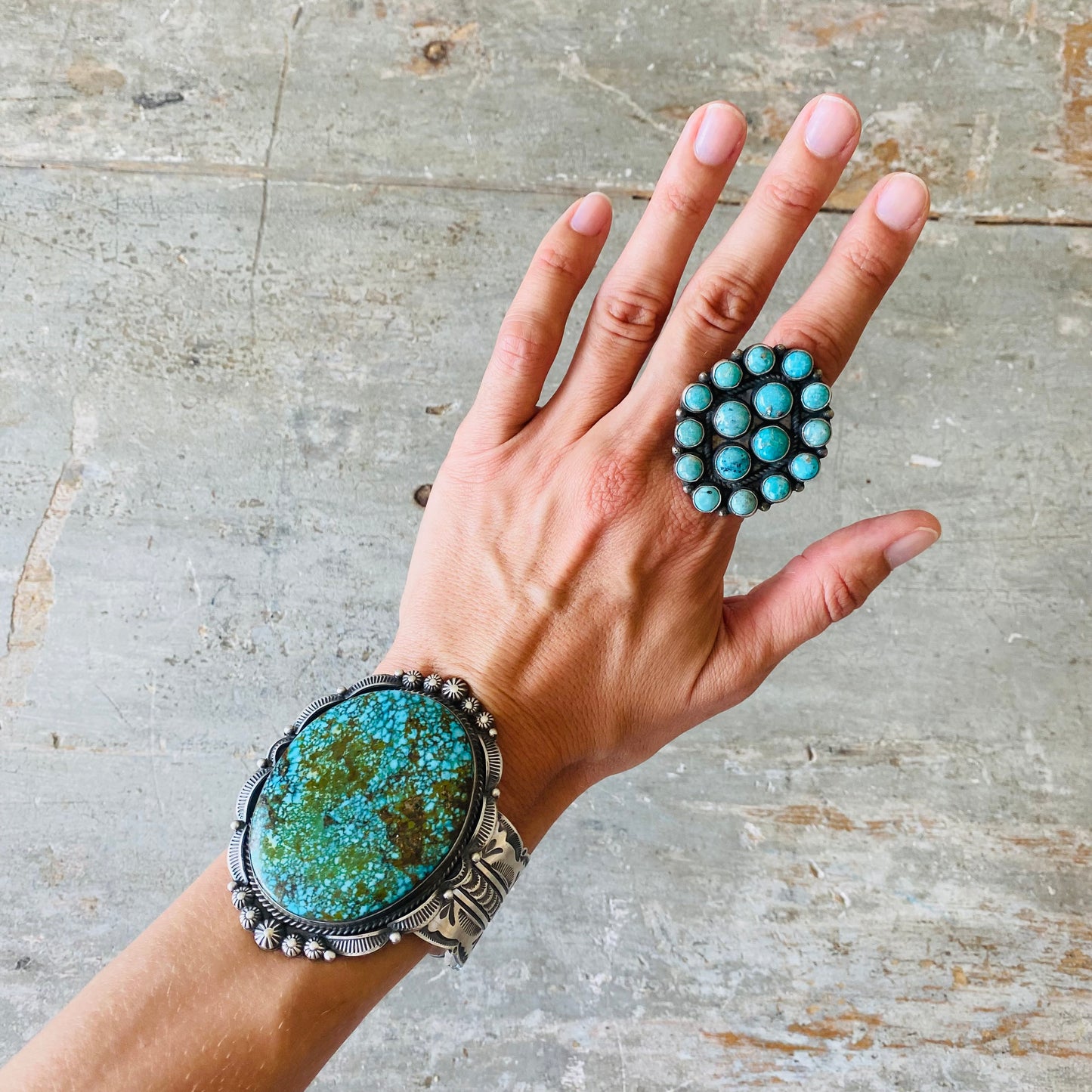 Navajo Daniel Benally Sterling Silver & Kingman Turquoise Cluster Ring