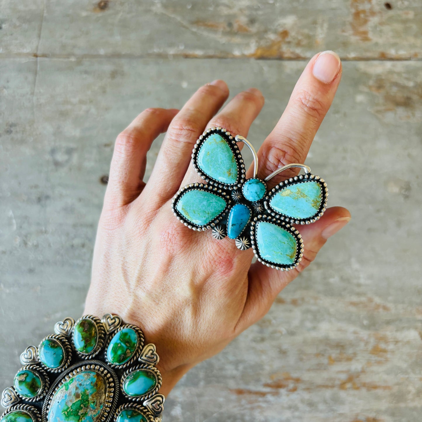 Navajo D. Howard Sterling Silver & Mixed Turquoise Butterfly Statement Ring