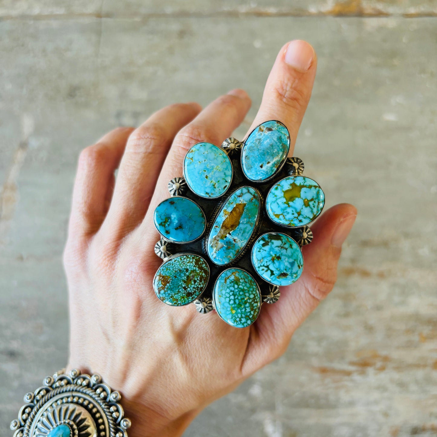 Navajo Kathleen Chavez Sterling Silver & Kingman Cluster Ring