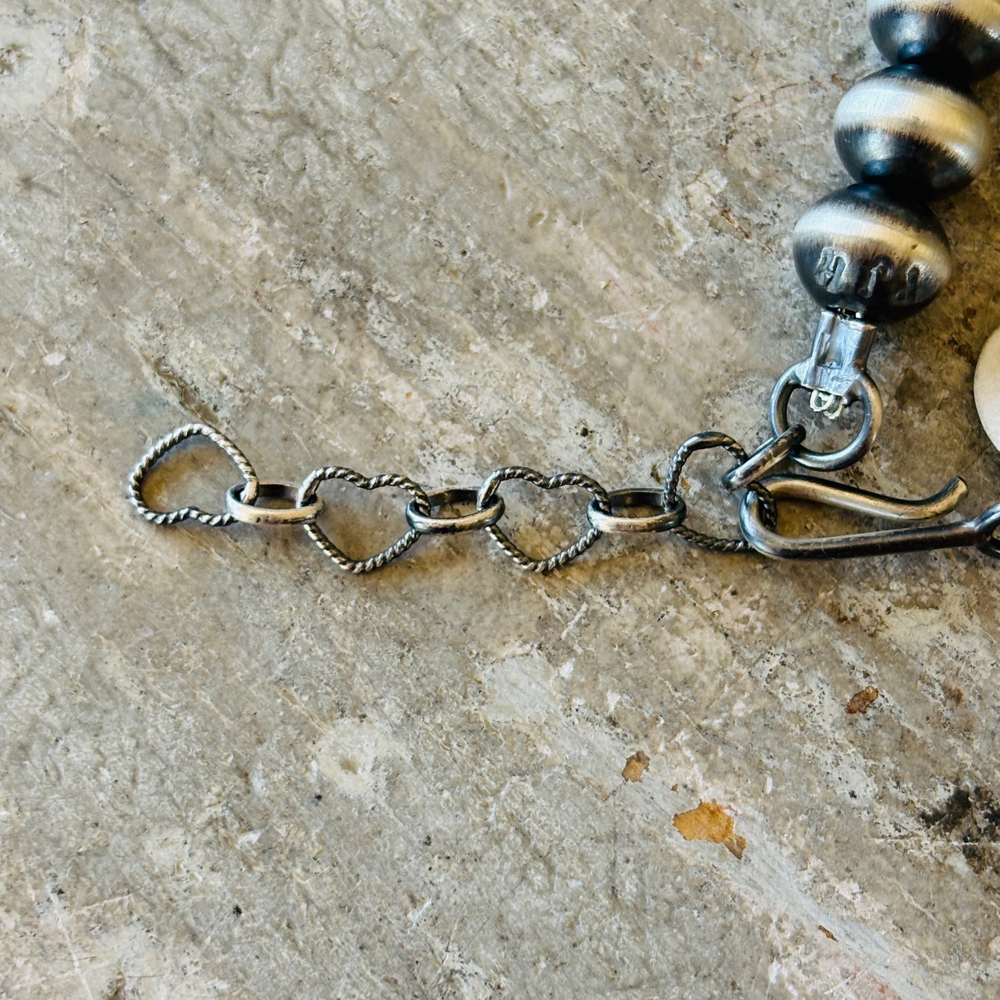 Navajo Preston Haley Sterling Silver 7mm Handmade Pearls Hearts Extender Bracelet