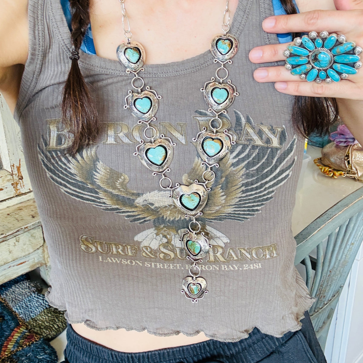 Navajo Lyanne Goodluck Sterling Silver & Kingman Turquoise Shadowbox Hearts Necklace