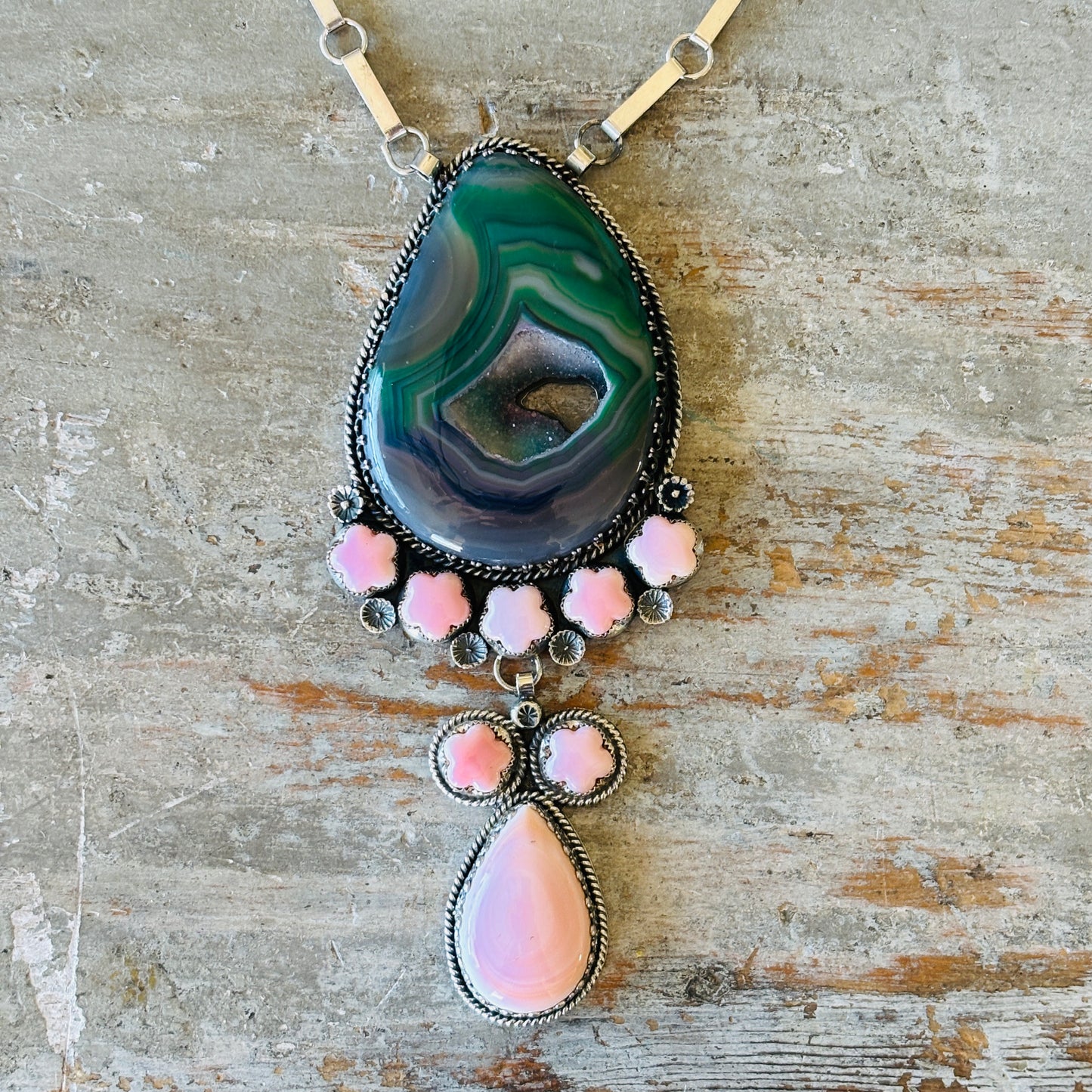 Navajo Hemerson Brown Sterling Silver - Druzy & Pink Conch Statement Necklace
