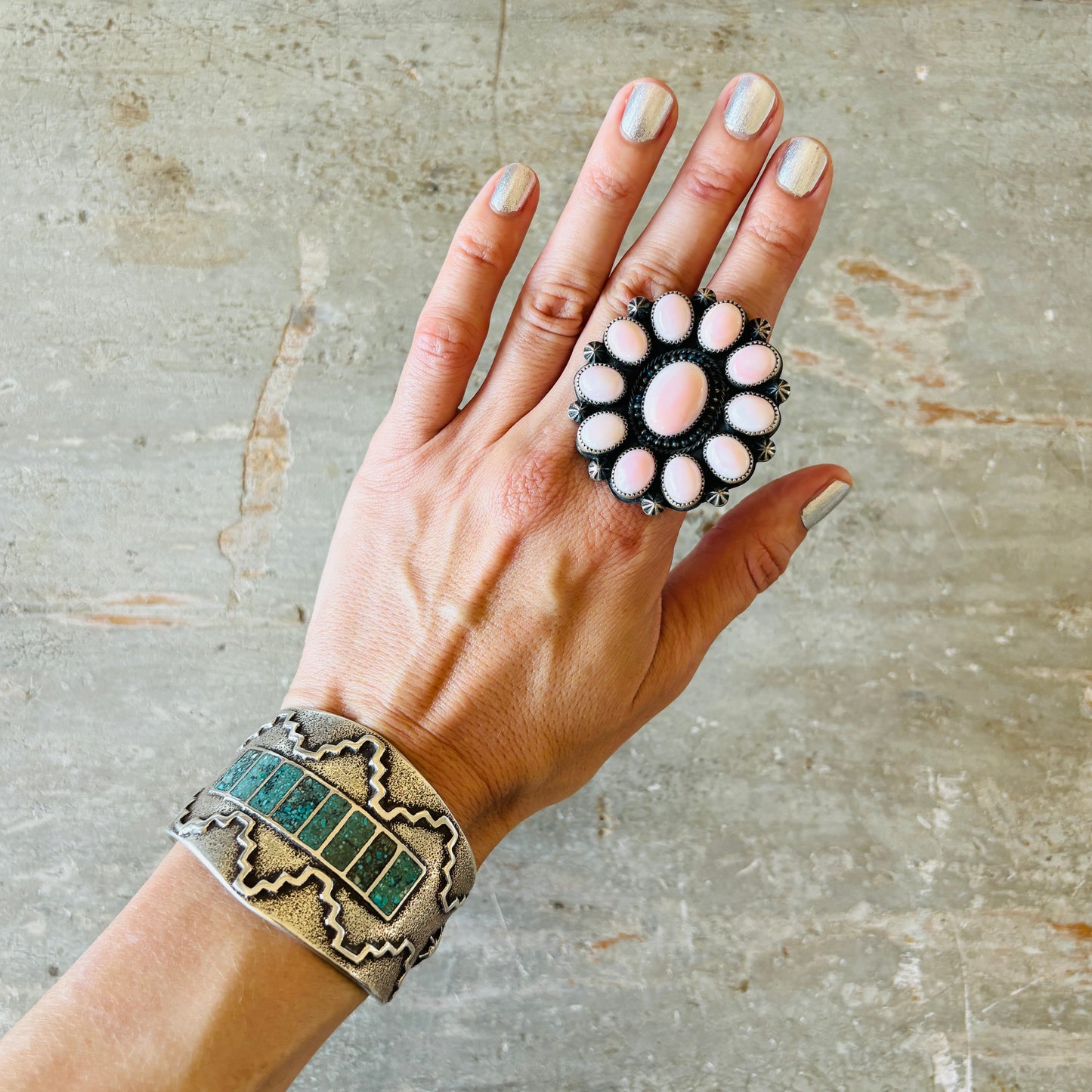 Navajo Dustin Francisco Sterling Silver & Pink Conch Cluster Ring