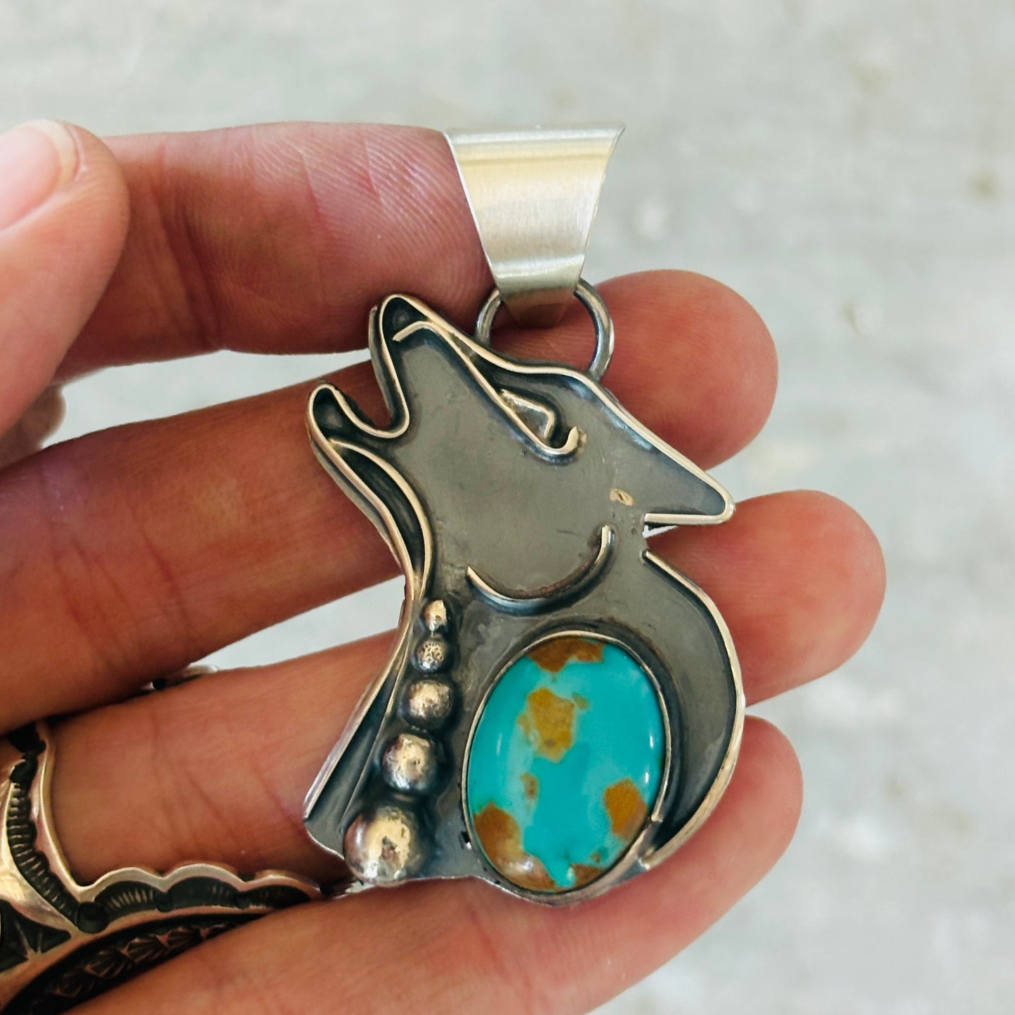Navajo Miranda Willie Sterling Silver & Kingman Turquoise Howling Wolf Pendant