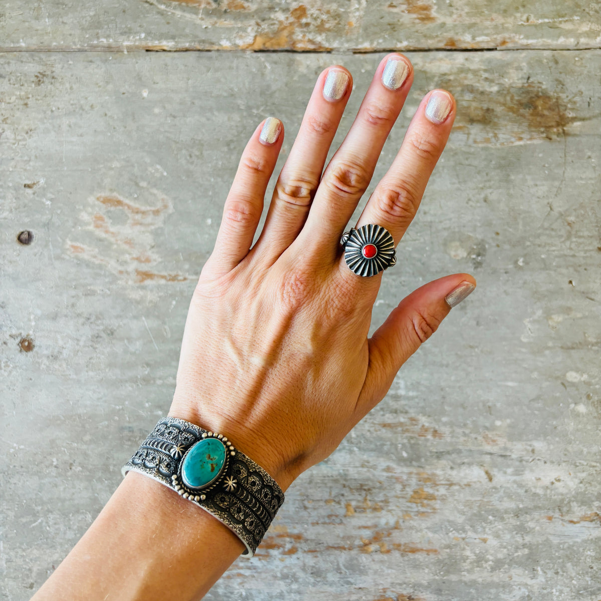 Navajo Herman Smith Sterling Silver & Red Coral Tufa Cast Ring