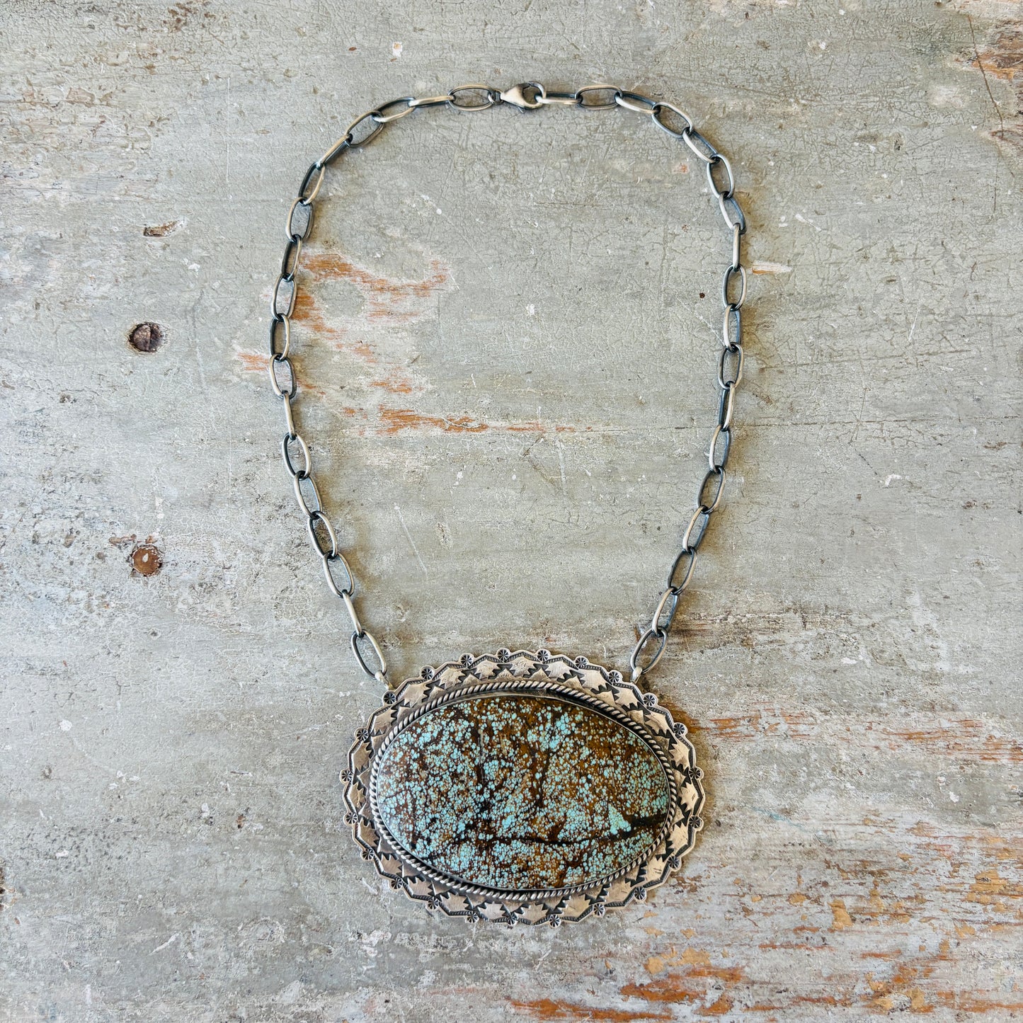Navajo Rick Enriquez Sterling Silver & #8 Turquoise Statement Necklace