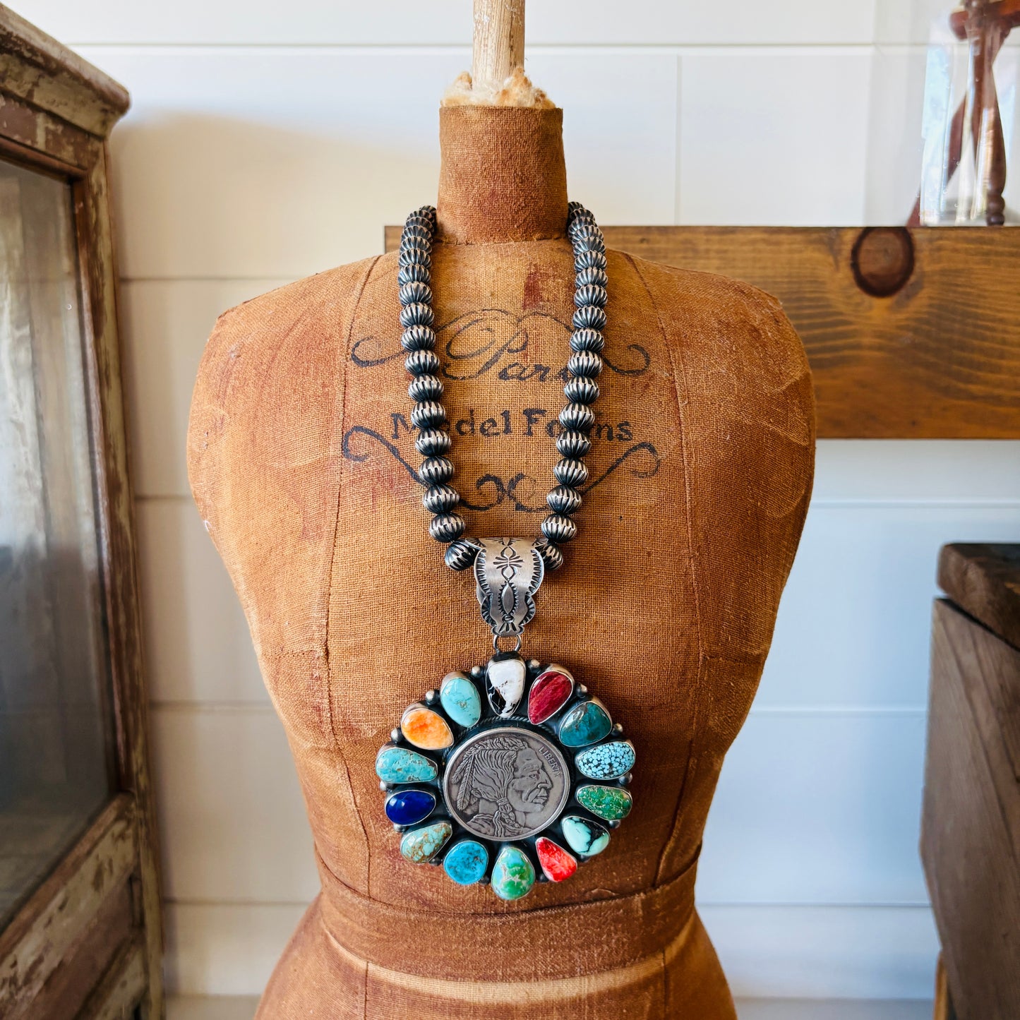 Navajo Robert Johnson Sterling Silver Multi Stone 1oz Silver Round Cluster Pendant