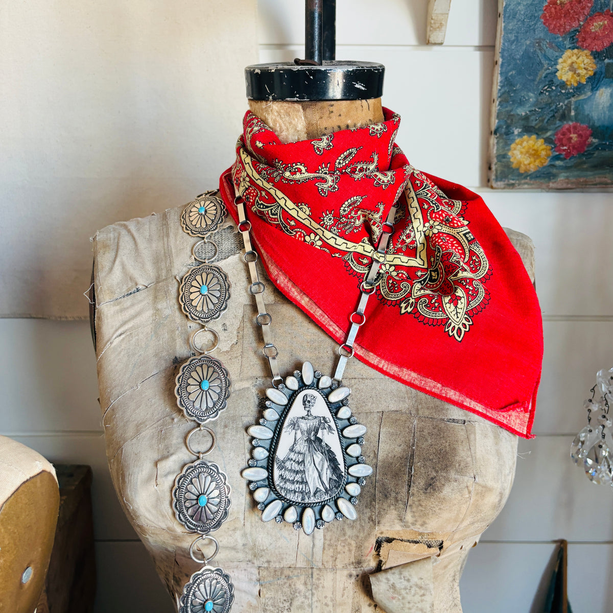 Navajo Kindale Billah Sterling Silver - Ceramic & Mother of Pearl Skelton Necklace